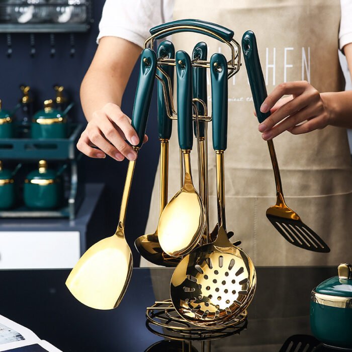 7 PCS Stainless Steel Silicone Kitchen Utensil Slotted Spatula Turner Ladle Serving Spoon Pasta Server Cooking Set - Image 3