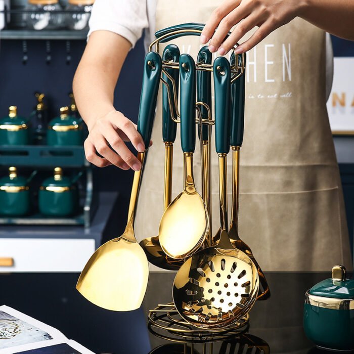 7 PCS Stainless Steel Silicone Kitchen Utensil Slotted Spatula Turner Ladle Serving Spoon Pasta Server Cooking Set - Image 2