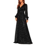 Elegant Dinner Sequined Long Sleeve V-neck High Waist Evening Dress - Image 3