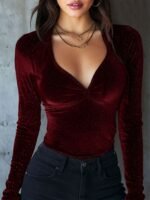 Womens Solid-Color Sequin Slim-fit V-neck Velvet Long-sleeve T-shirt - Image 8