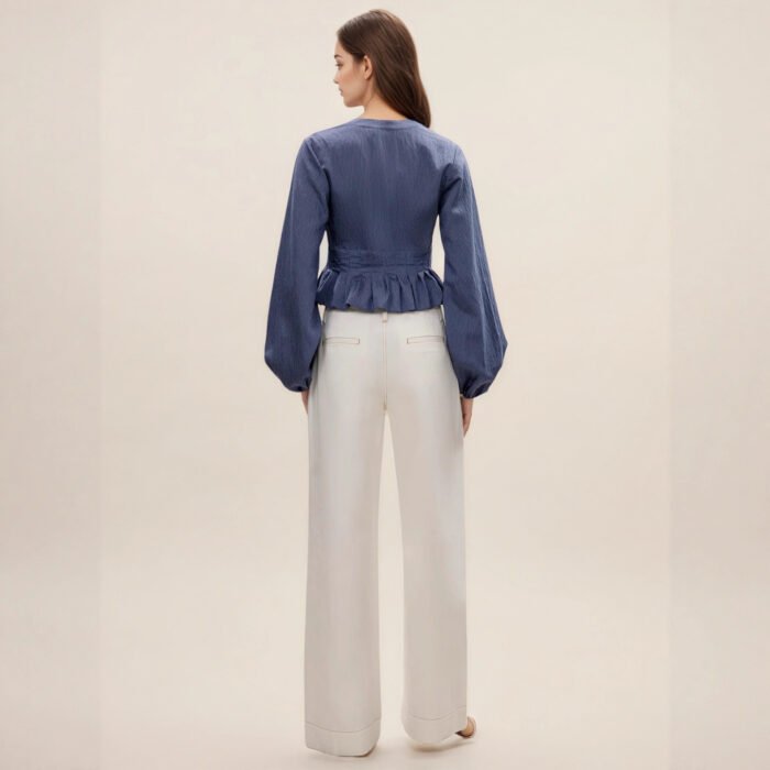 Gentle V-neck Top With Drawstring And Ruffled Hem Detailing - Image 2