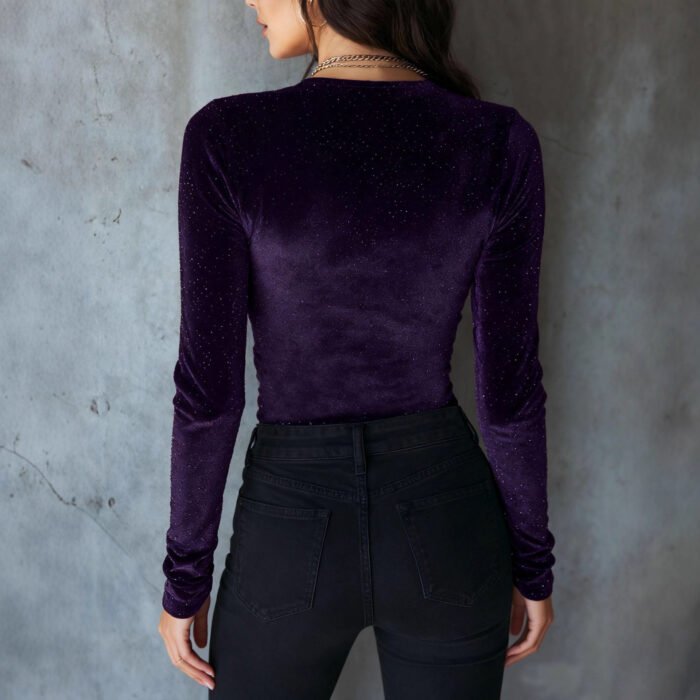 Womens Solid-Color Sequin Slim-fit V-neck Velvet Long-sleeve T-shirt - Image 5