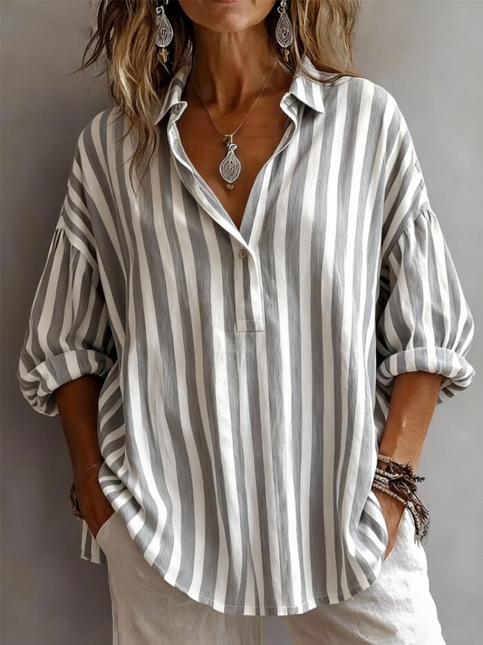 Womens Loose-fitting Striped Long-sleeve Pullover Shirt - Image 7