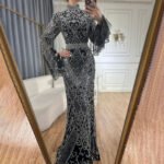 Red High Collar Fishtail Evening Long Dress - Image 3