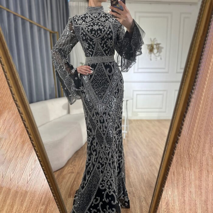 Red High Collar Fishtail Evening Long Dress - Image 3