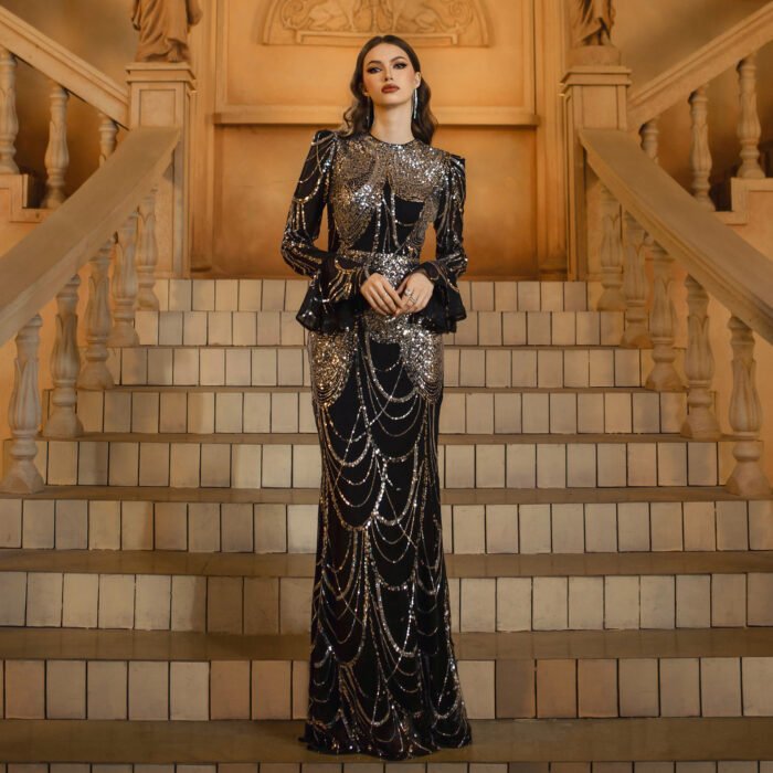 Long Sleeve Round Neck Slim-fit Sheath Sequined Banquet Fishtail Evening Dress - Image 3