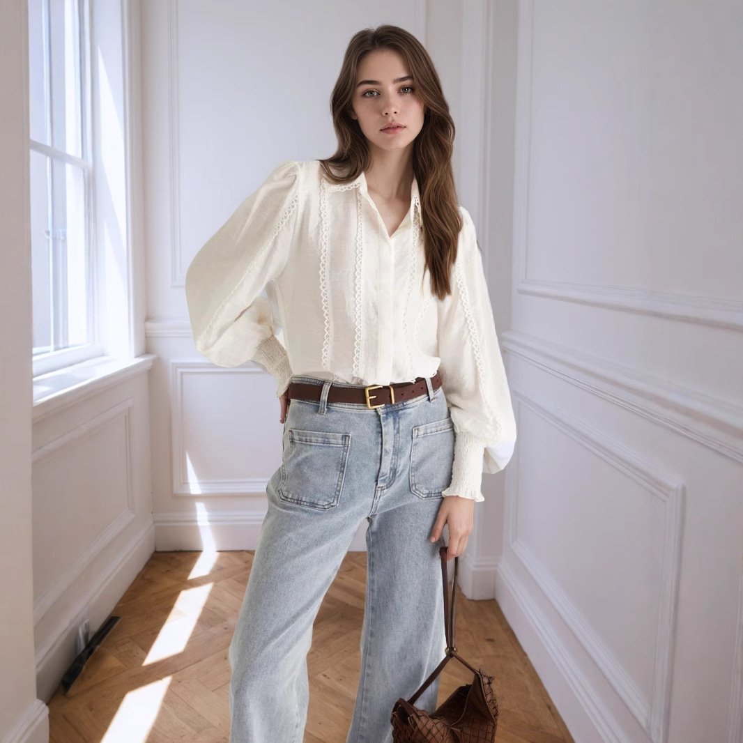 42dbfd23-17b2-4c88-8866-3ff3c820ce06.jpg Lantern Sleeve Lace-trimmed White Blouse - Image 1