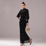 Long Sleeve Round Neck Sequins Slit Evening Dress - Image 9