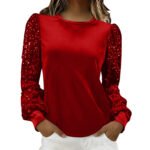 Velvet Crew-Neck Sequin-Patchwork Long-Sleeve T-Shirt Top - Image 8
