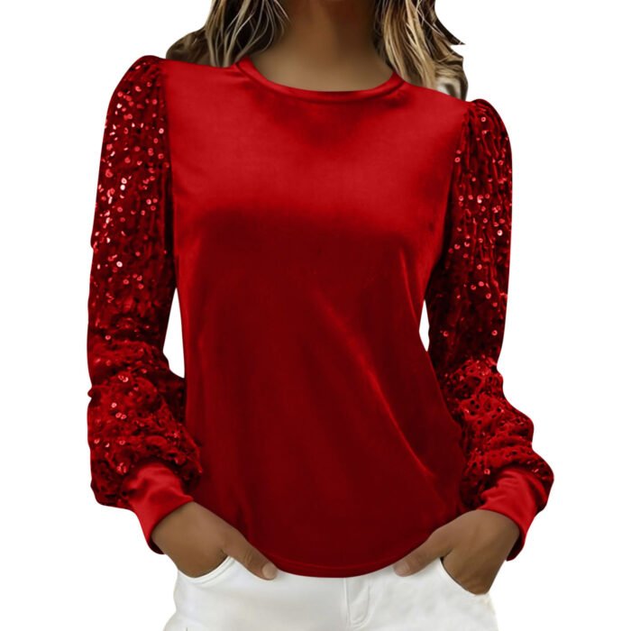 Velvet Crew-Neck Sequin-Patchwork Long-Sleeve T-Shirt Top - Image 8