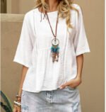 Hollow-Out Womens Cotton-Linen Casual Solid-Color Three-Quarter-Sleeve Shirt - Image 7