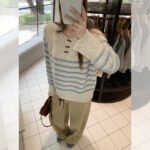 Womens Casual Striped Half-zip Long-sleeve Base Top - Image 3