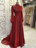 Stand Collar Luxury Long Sleeve Evening Dress - Image 2