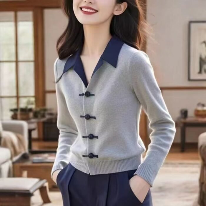 Womens Minimalist Elegant New Chinese-Style Knot-Button Knitted Top - Image 3