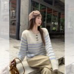 Womens Casual Striped Half-zip Long-sleeve Base Top