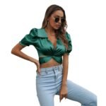Ding Satin Faux-silk Puffed-sleeve Ultra-short Top - Image 8