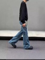 Men's American Retro Flame Totem Washed Straight Leg Jeans - Image 7