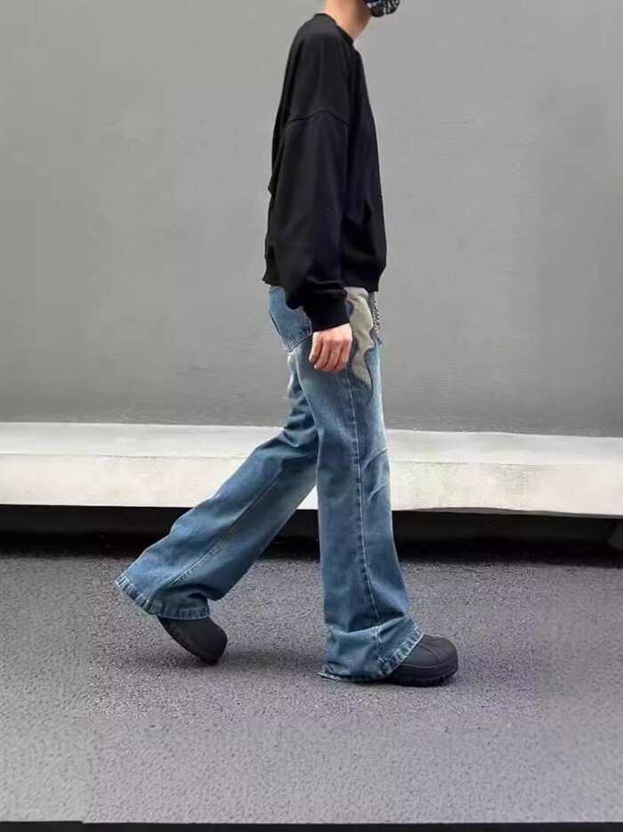 Men's American Retro Flame Totem Washed Straight Leg Jeans - Image 7