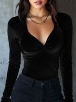 Womens Solid-Color Sequin Slim-fit V-neck Velvet Long-sleeve T-shirt - Image 9