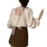 Womens Solid-Color V-Neck Backless Tie-Up Bow Loose All-Match Top - Image 4