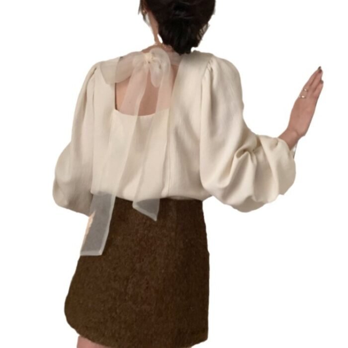 Womens Solid-Color V-Neck Backless Tie-Up Bow Loose All-Match Top - Image 4