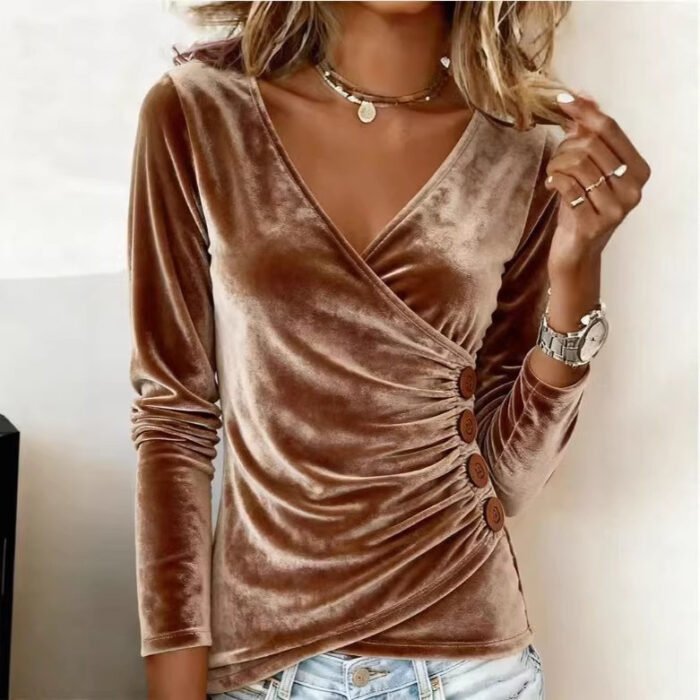 Elegant V-neck Buttoned Long-sleeve Top In A Solid Color For A Chic, Sophisticated Look - Image 7