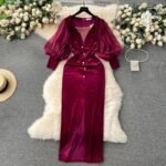 Vintage Velvet Dress High-end Affordable Luxury Niche Lantern Sleeve Slim Mid-length Split Knee-length Court Style Dress - Image 4