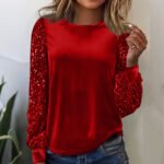 Velvet Crew-Neck Sequin-Patchwork Long-Sleeve T-Shirt Top