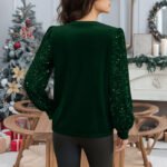 Velvet Crew-Neck Sequin-Patchwork Long-Sleeve T-Shirt Top - Image 5