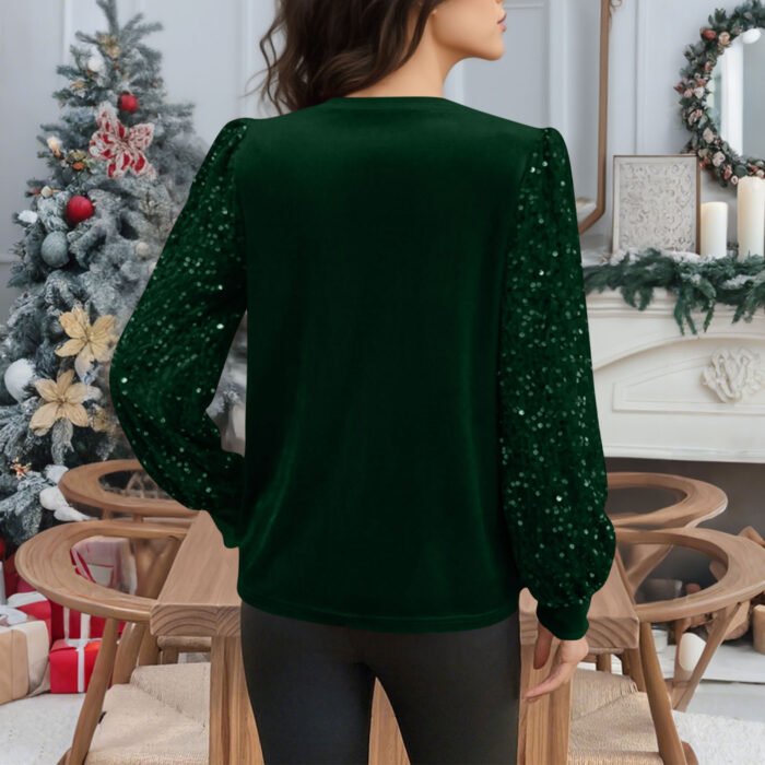 Velvet Crew-Neck Sequin-Patchwork Long-Sleeve T-Shirt Top - Image 5