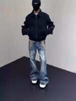 Men's American Retro Flame Totem Washed Straight Leg Jeans - Image 3