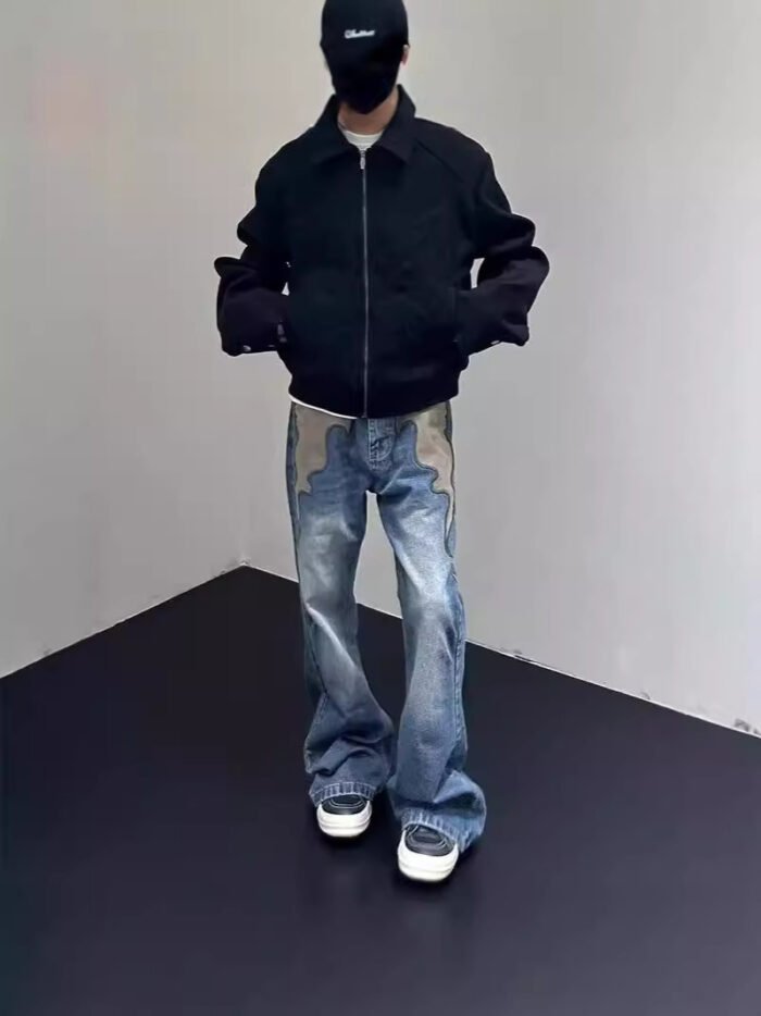 Men's American Retro Flame Totem Washed Straight Leg Jeans - Image 3