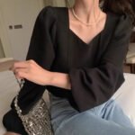 Womens Solid-Color V-Neck Backless Tie-Up Bow Loose All-Match Top - Image 2