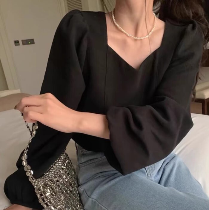 Womens Solid-Color V-Neck Backless Tie-Up Bow Loose All-Match Top - Image 2