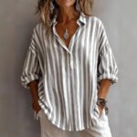 Womens Loose-fitting Striped Long-sleeve Pullover Shirt - Image 4