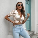 Ding Satin Faux-silk Puffed-sleeve Ultra-short Top - Image 5