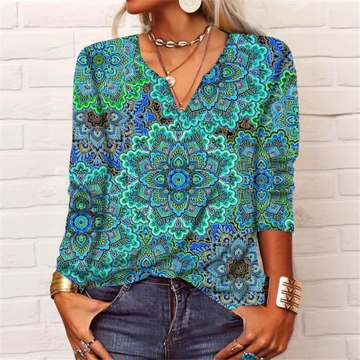 Spring Loose Long Sleeve Floral V-neck T-shirt Bottoming Shirt - Image 4