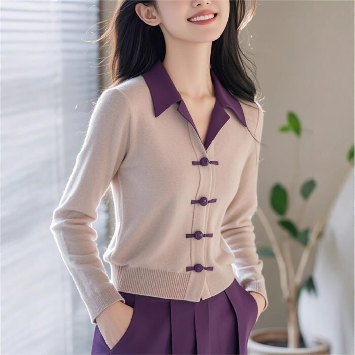 Womens Minimalist Elegant New Chinese-Style Knot-Button Knitted Top - Image 4