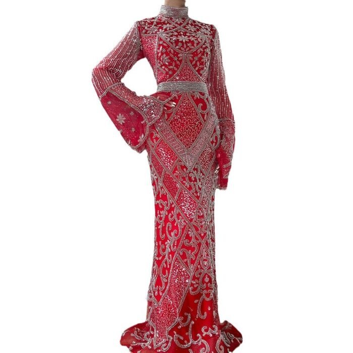 Red High Collar Fishtail Evening Long Dress - Image 2