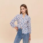 Patterned Stand-up Collar Button-up Top Casual Shirt - Image 6