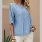 Hollow-Out Womens Cotton-Linen Casual Solid-Color Three-Quarter-Sleeve Shirt - Image 4
