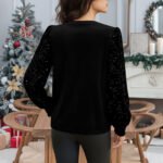 Velvet Crew-Neck Sequin-Patchwork Long-Sleeve T-Shirt Top - Image 4