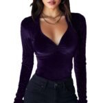Womens Solid-Color Sequin Slim-fit V-neck Velvet Long-sleeve T-shirt - Image 2