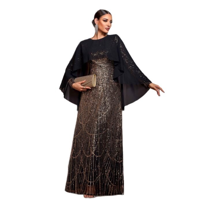 Elegant Long Sleeve Round Neck Shawl Banquet Sequined A- Line Evening Dress - Image 3