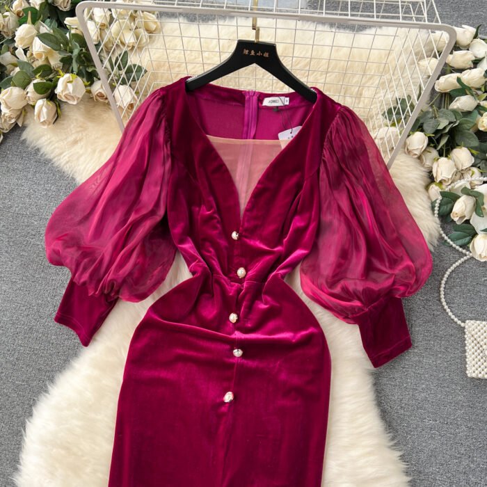 Vintage Velvet Dress High-end Affordable Luxury Niche Lantern Sleeve Slim Mid-length Split Knee-length Court Style Dress - Image 7