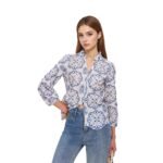 Patterned Stand-up Collar Button-up Top Casual Shirt - Image 3