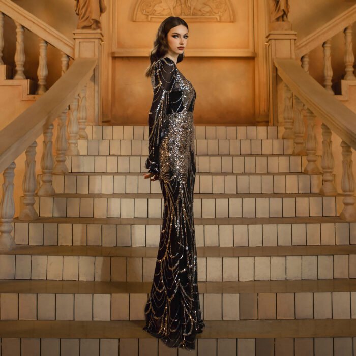 Long Sleeve Round Neck Slim-fit Sheath Sequined Banquet Fishtail Evening Dress - Image 5