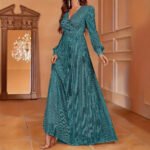 Elegant Dinner Sequined Long Sleeve V-neck High Waist Evening Dress - Image 5