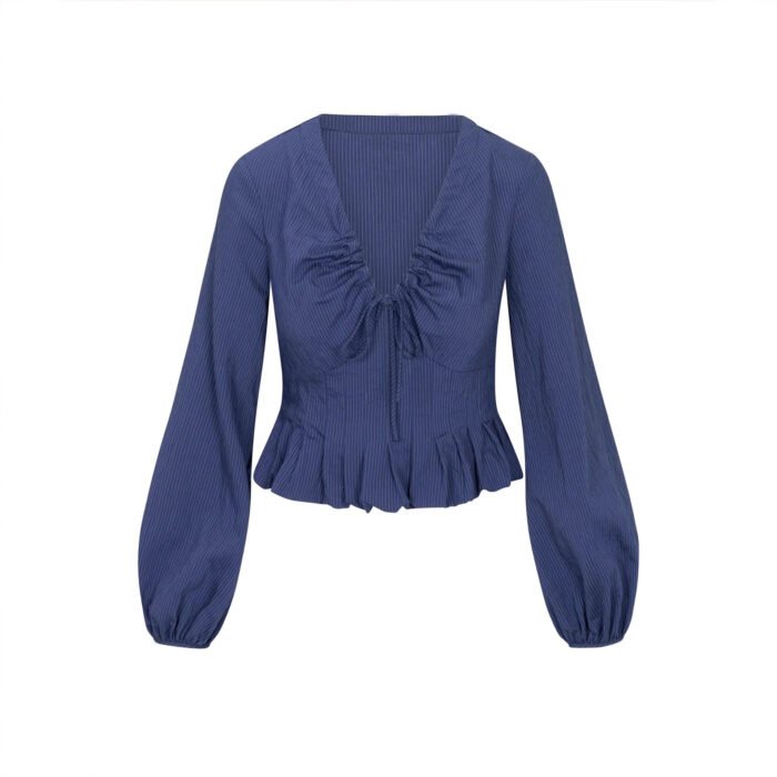 Gentle V-neck Top With Drawstring And Ruffled Hem Detailing - Image 6