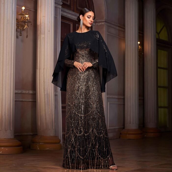 Elegant Long Sleeve Round Neck Shawl Banquet Sequined A- Line Evening Dress - Image 2